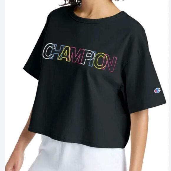 Champion Black Reverse Weave Embroidered Logo Cropped T-Shirt | Size Small - Picture 1 of 6